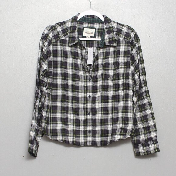 American Eagle NWT green white plaid viscose cotton boxy cropped flannel button - Picture 1 of 9